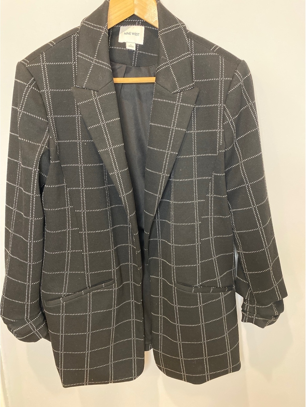 Nine West plaid windowpane slouchy blazer black white ruched 3/4 sleeves large